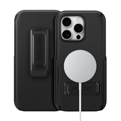 Motivecase Ranger V2 rugged case for iPhone 16 Pro Max demonstrating wireless MagSafe magnetic charging alignment next to belt clip holster.