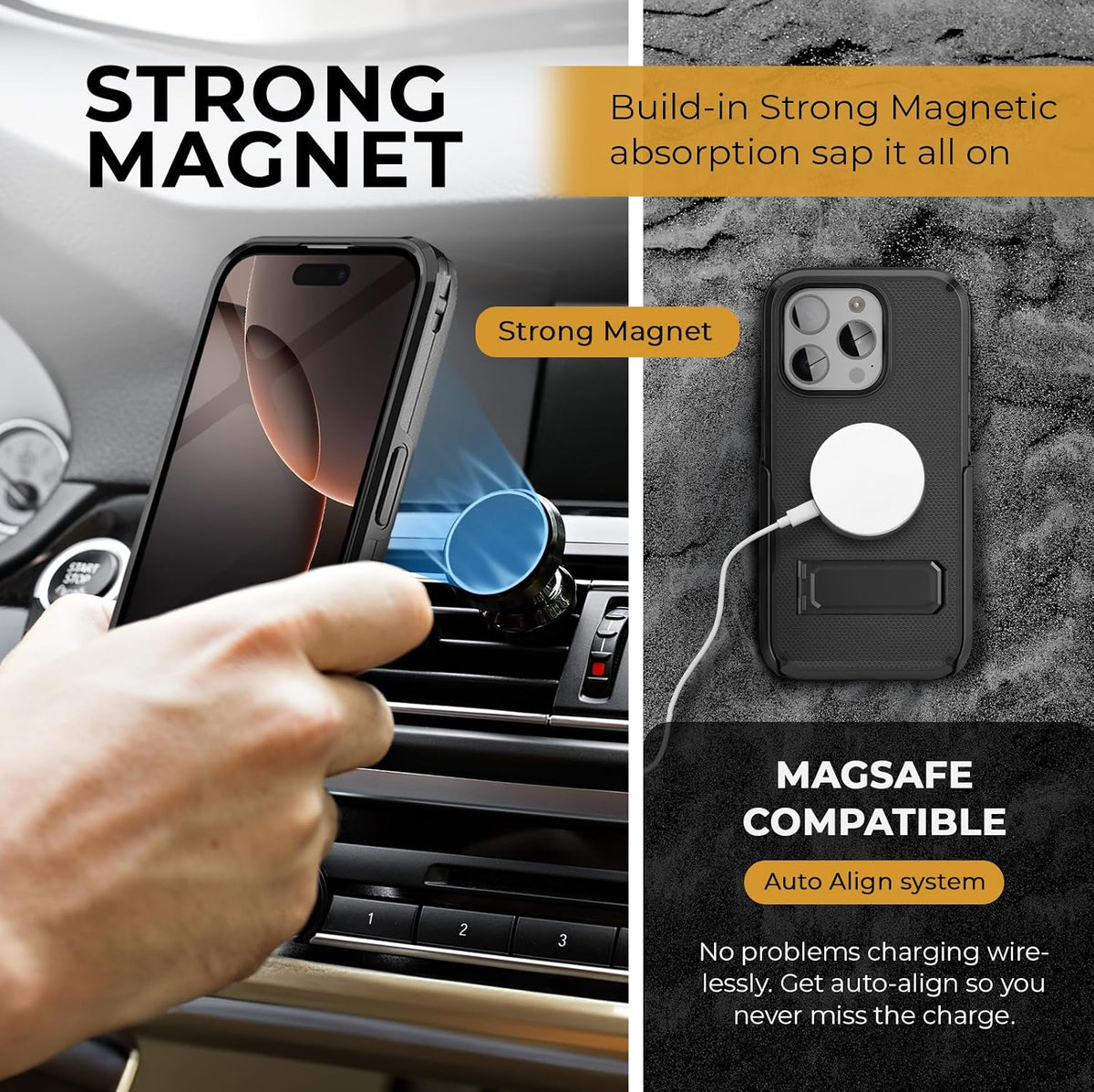 Motivecase Ranger V2 heavy-duty case for iPhone 16 Pro Max aligned perfectly with MagSafe wireless magnetic charger for fast effortless power delivery.