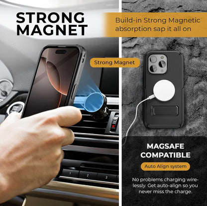 Motivecase Ranger V2 heavy-duty case for iPhone 16 Pro Max aligned perfectly with MagSafe wireless magnetic charger for fast effortless power delivery.