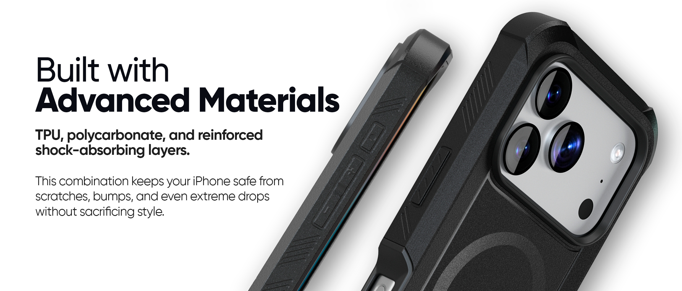 Diagram of the Motivecase iphone 17  Bunker's advanced materials, including TPU, polycarbonate, and reinforced shock-absorbing layers.