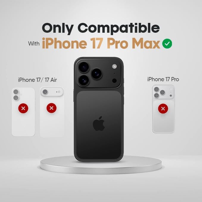 Device compatibility chart for Motivecase Bunker case confirming exact fit for triple-camera iPhone 17 Pro Max model dimensions.