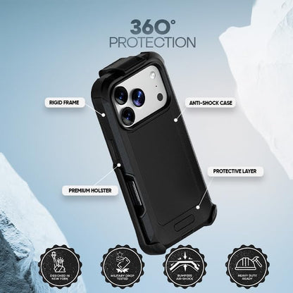 Diagram of Motivecase Bunker heavy-duty case for iPhone 17 Pro Max highlighting 360-degree protection, rigid frame, anti-shock case, and holster.