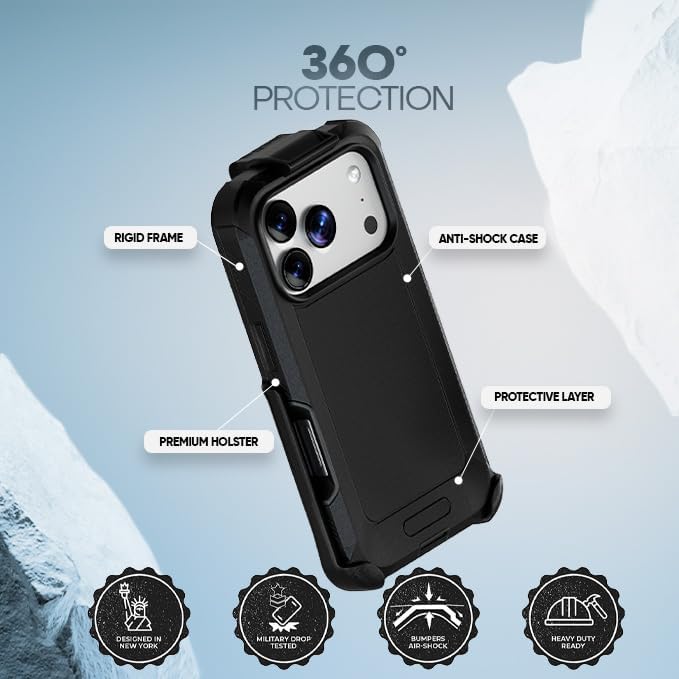 Diagram of Motivecase Bunker heavy-duty case for iPhone 17 Pro Max highlighting 360-degree protection, rigid frame, anti-shock case, and holster.