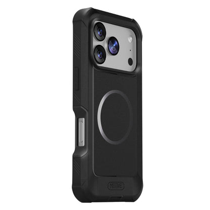 Studio shot of Motivecase Bunker heavy-duty case for iPhone 17 Pro Max showing triple camera cutout, MagSafe ring, and Camera Control cutout.