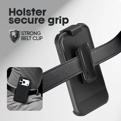 Motivecase Bunker holster with strong belt clip clipped securely onto a leather belt providing convenient hands-free carry for iPhone 17 Pro Max.