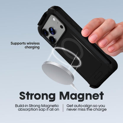 Hand holding Motivecase Bunker case for iPhone 17 Pro Max aligning perfectly with MagSafe wireless magnetic charging puck for fast convenient powering.