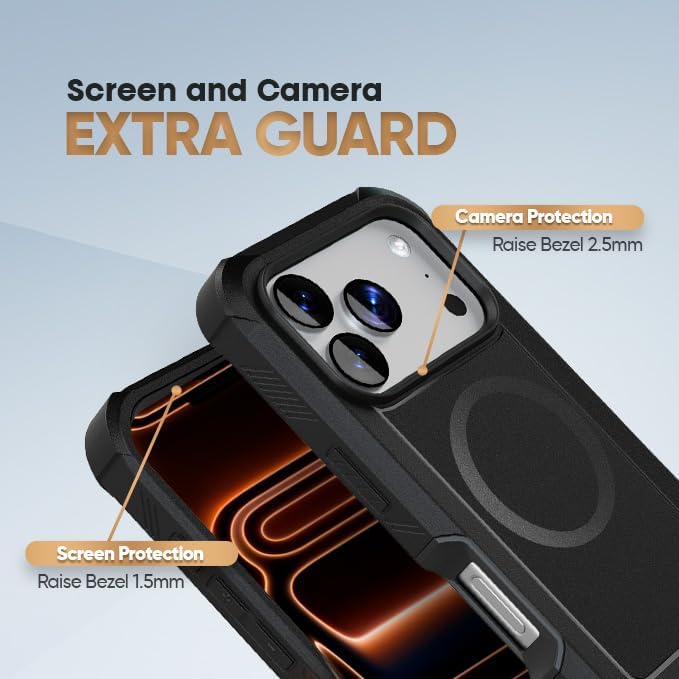 Close-up diagram of Motivecase Bunker case for iPhone 17 Pro Max displaying 2.5mm raised camera bezel and 1.5mm screen edge guard protection.