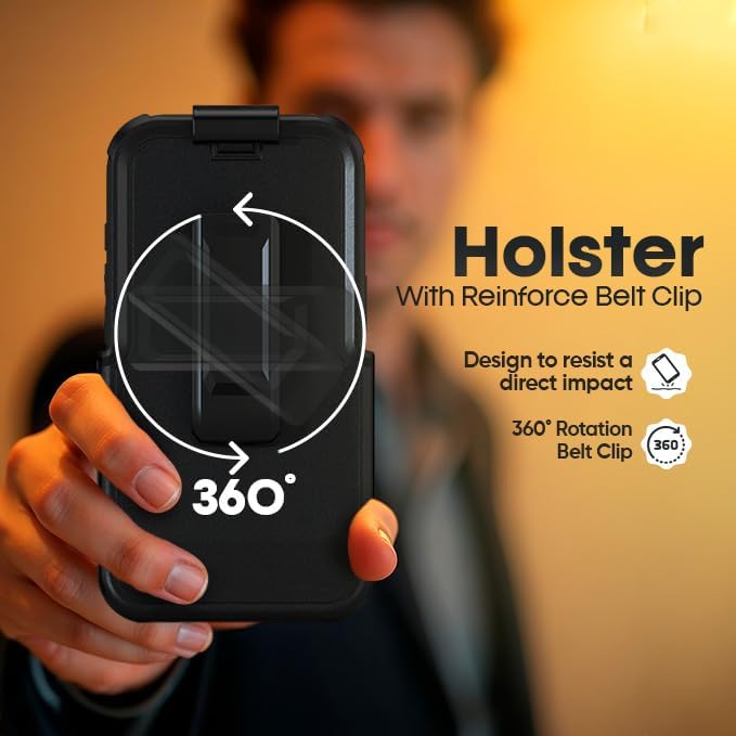Hand holding Motivecase Bunker holster for iPhone 17 Pro Max illustrating 360-degree rotation swivel belt clip for versatile multi-angle carrying options.