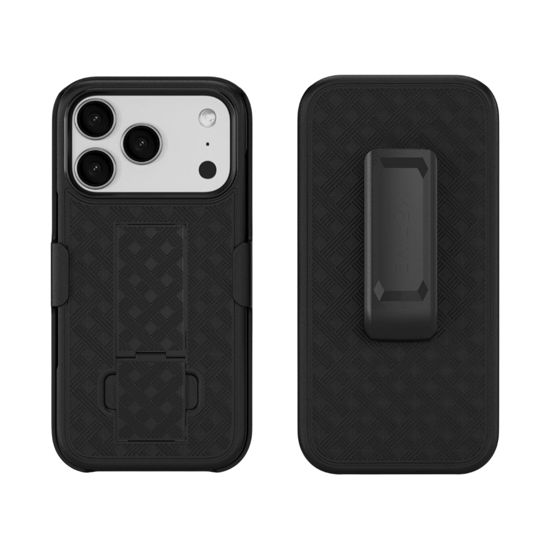 Black Motivecase Ranger V1 case for iPhone 17 Pro Max featuring front screen protection, textured back cover, kickstand, and holster.