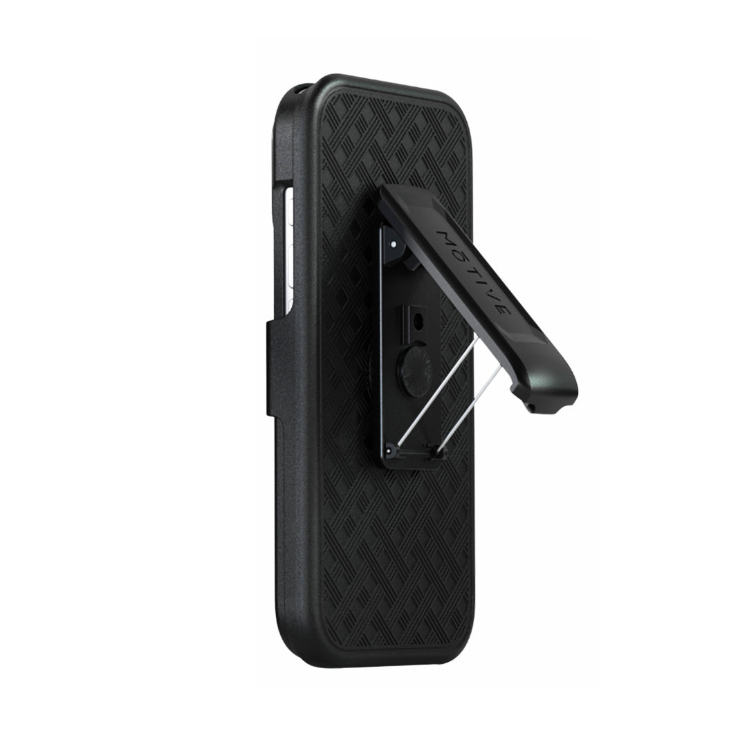 Motivecase Ranger V1 clip holster for iPhone 17 Pro Max showcasing 360-degree swivel clip deployed as a kickstand.