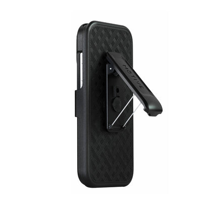 Motivecase Ranger V1 clip holster for iPhone 17 Pro Max showcasing 360-degree swivel clip deployed as a kickstand.