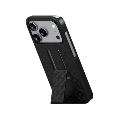Motivecase Ranger V1 case for iPhone 17 Pro Max resting vertically on a desk using its built-in kickstand for hands-free video calls.