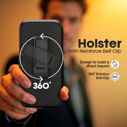 Heavy-duty Motivecase Ranger V2 phone holster for iPhone 17 Pro Max featuring durable 360-degree rotating belt clip swivel for convenient carrying.