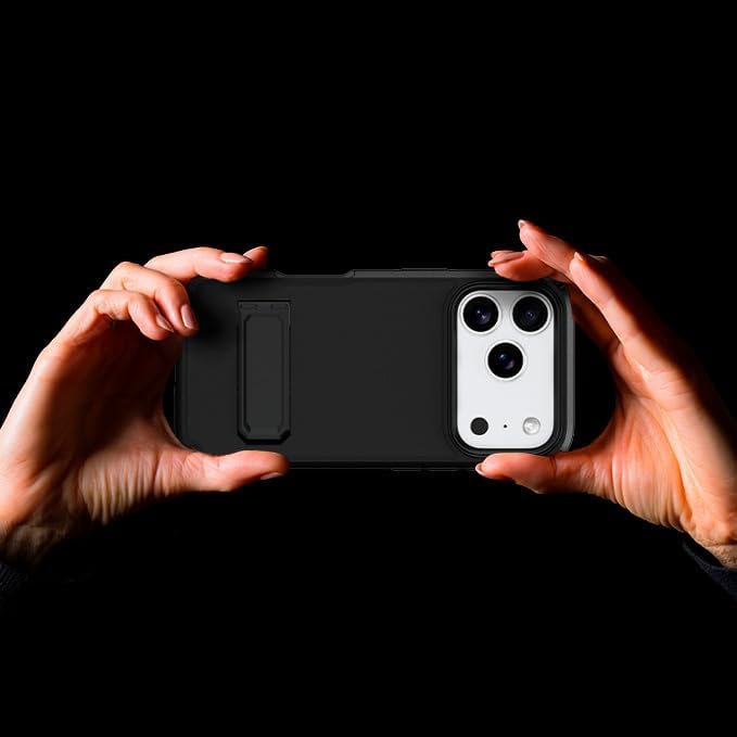 Outdoor adventure photo featuring Motivecase Ranger V2 protective case for iPhone 17 Pro Max attached to backpack strap during mountain hiking.
