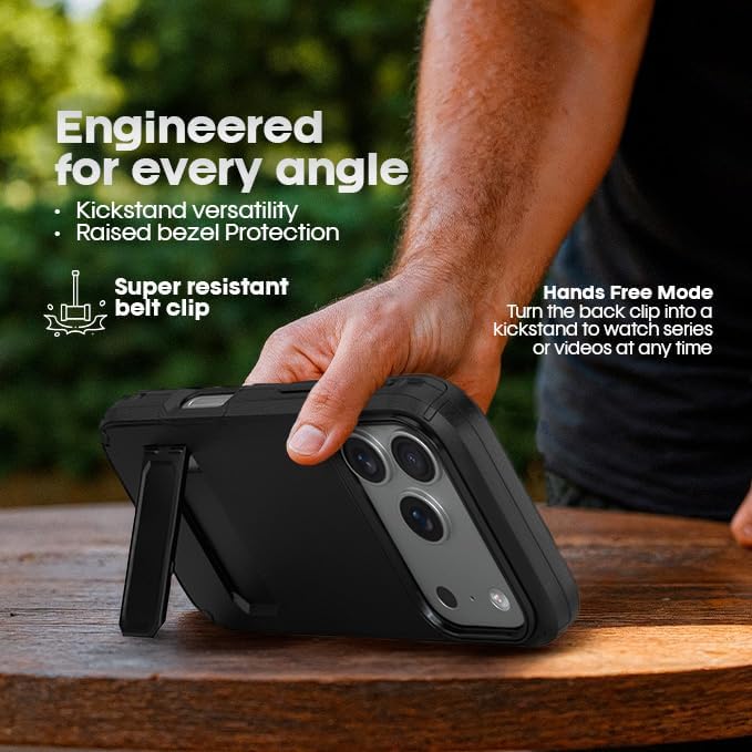 Motivecase Ranger V2 heavy-duty case for iPhone 17 Pro Max standing securely using integrated multi-angle retractable kickstand for hands-free viewing.