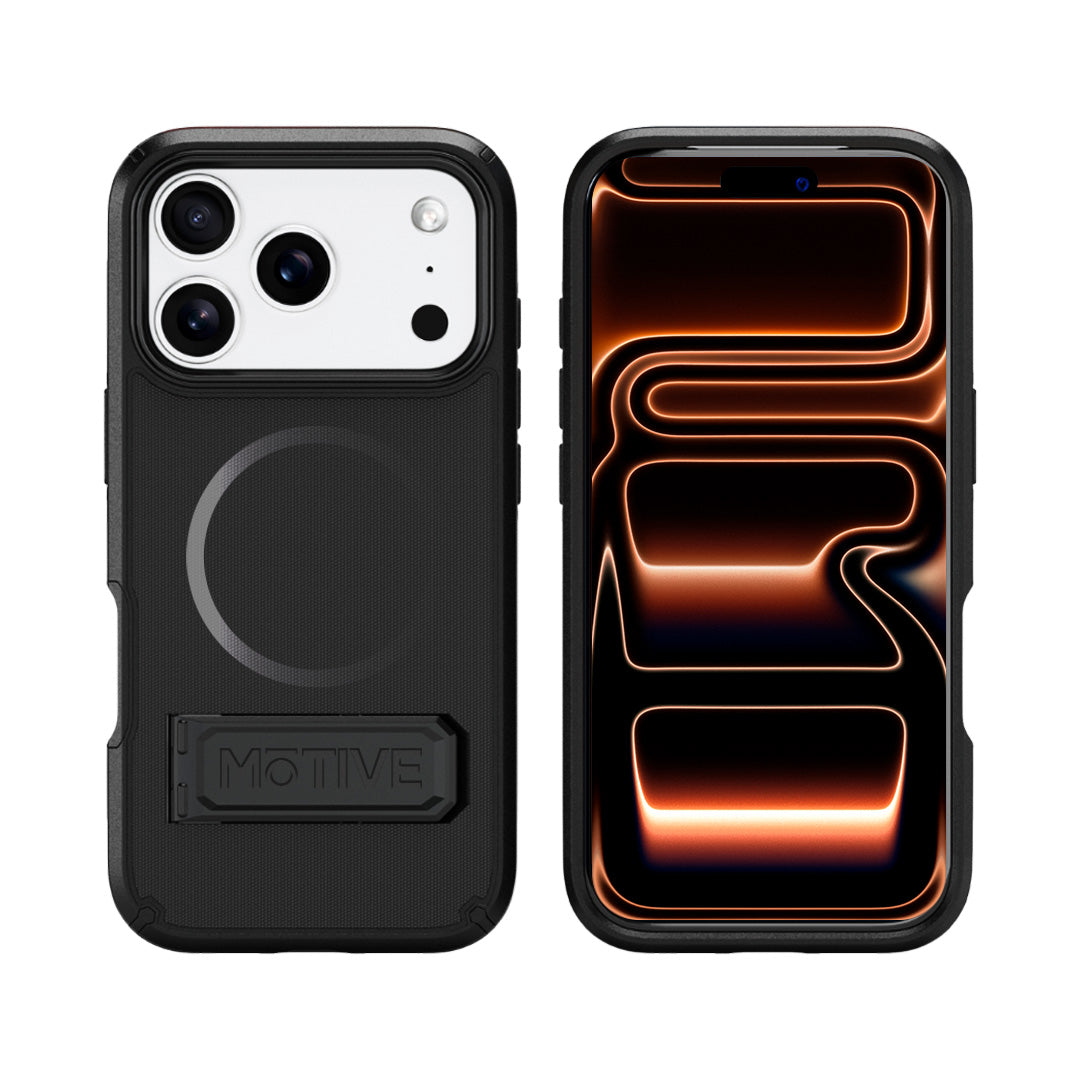 Dual-layer Motivecase Ranger V2 protective case for iPhone 17 Pro Max displayed showing both front screen glass protection and back cover.