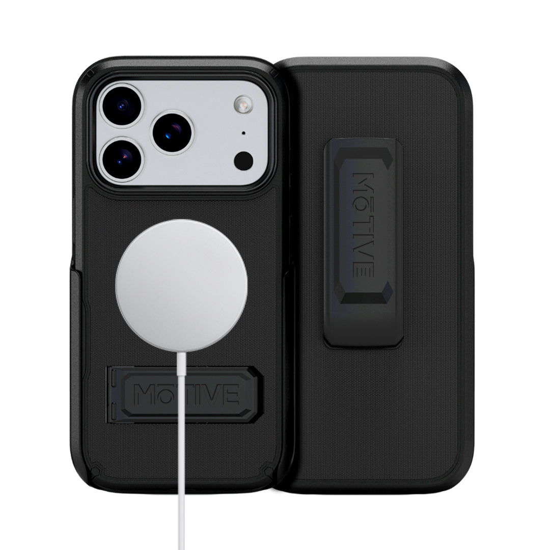 Motivecase Ranger V2 rugged case for iPhone 17 Pro Max demonstrating wireless MagSafe magnetic charging alignment next to belt clip holster.
