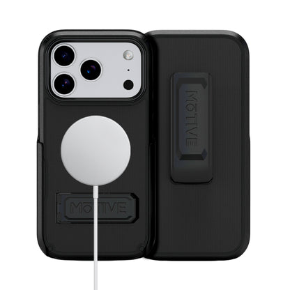 Motivecase Ranger V2 rugged case for iPhone 17 Pro Max demonstrating wireless MagSafe magnetic charging alignment next to belt clip holster.