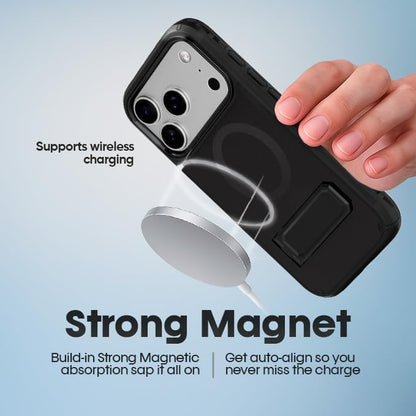 Motivecase Ranger V2 heavy-duty case for iPhone 17 Pro Max aligned perfectly with MagSafe wireless magnetic charger for fast effortless power delivery.
