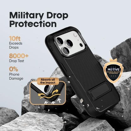 Motivecase Ranger V2 military-grade shockproof case for iPhone 17 Pro Max demonstrating 10-foot drop protection with reinforced corner air bumpers.