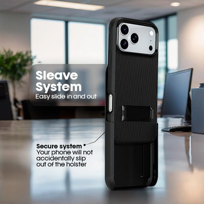Exploded overview diagram of Motivecase Ranger V2 heavy-duty system for iPhone 17 Pro Max detailing dual-layer case, kickstand, and detachable belt clip holster.