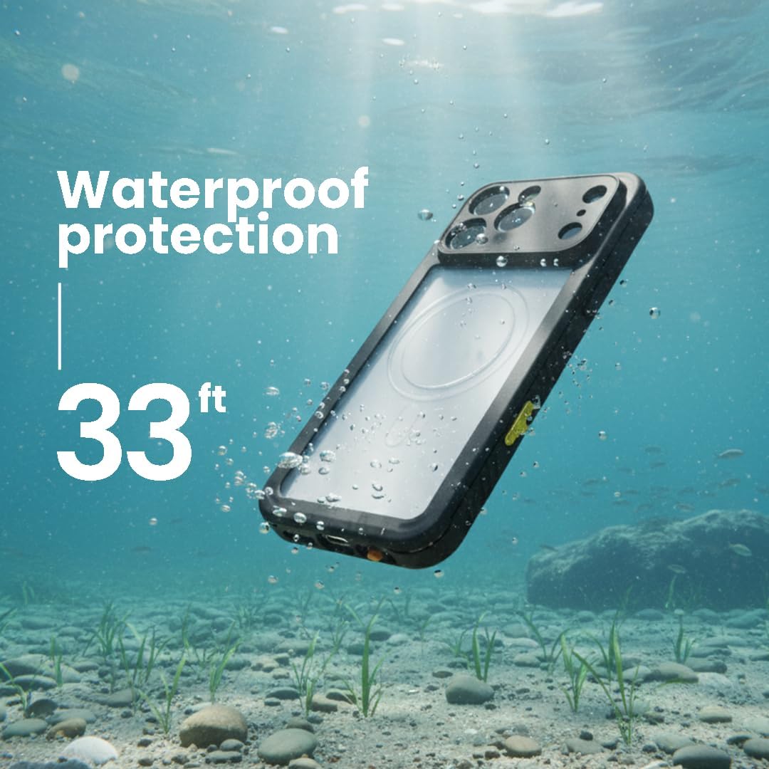 Motivecase Waterproof Series case for iPhone 17 Pro Max fully submerged underwater in ocean water showcasing IP68 waterproof certification up to 33 feet depth. **(24 words)**