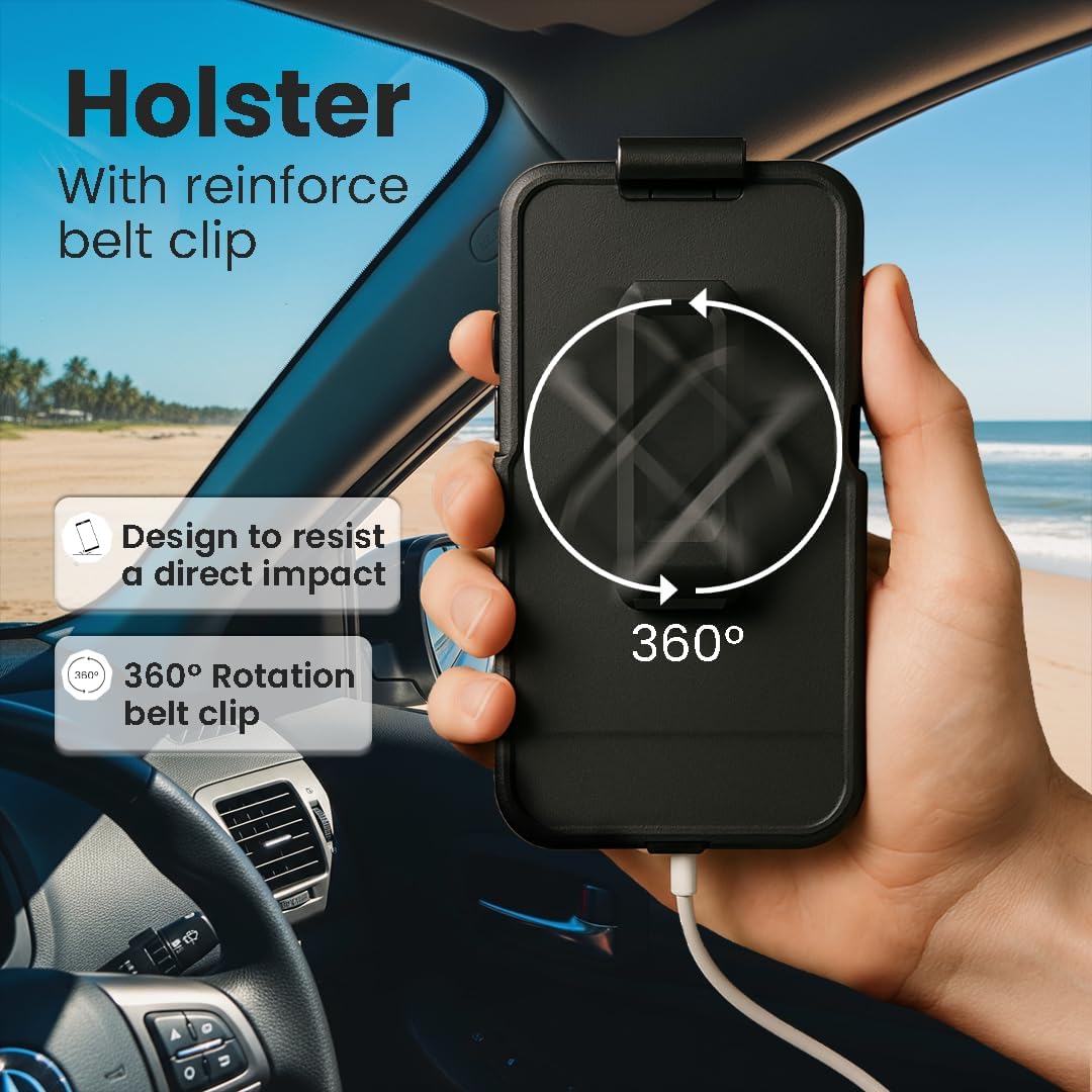 Motivecase Waterproof heavy-duty case for iPhone 17 Pro Max featuring a 360-degree rotating belt clip holster held in hand inside a vehicle. **(22 words)**