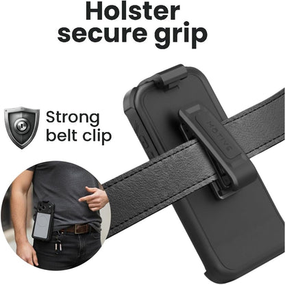 Motivecase Waterproof Series case for iPhone 17 Pro Max attached securely to a leather belt with a rugged swivel belt clip holster. **(22 words)**