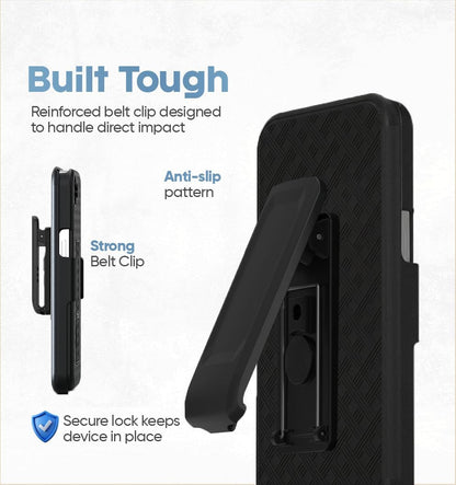 `Rugged Motivecase Ranger V1 case for iPhone 17e attached to belt featuring 360-degree rotating swivel clip holster for easy carrying.`