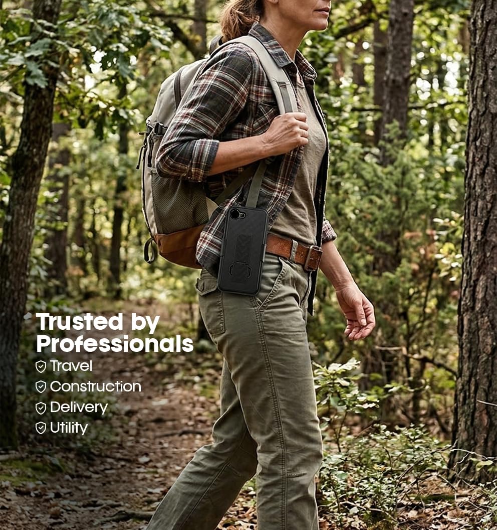 `Outdoor lifestyle photo of Motivecase Ranger V1 case for iPhone 17e supported horizontally on concrete using its integrated rear kickstand.`