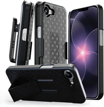 `Black Motivecase Ranger V1 case for iPhone 17e featuring front screen protection, textured back cover, kickstand, and swivel belt clip holster.`