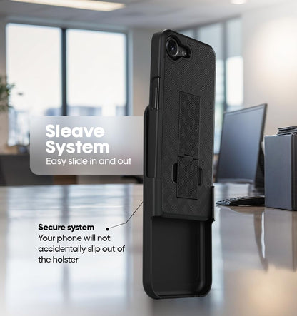 `Motivecase Ranger V1 case for iPhone 17e showing raised camera lens bezel, protective screen lip, and non-slip textured back.`