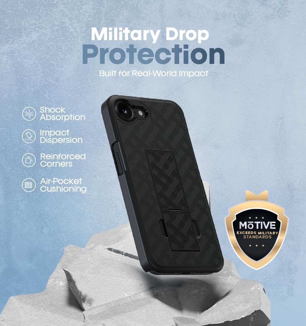 `Motivecase Ranger V1 case for iPhone 17e resting vertically on a desk using its built-in kickstand for hands-free video calls.`
