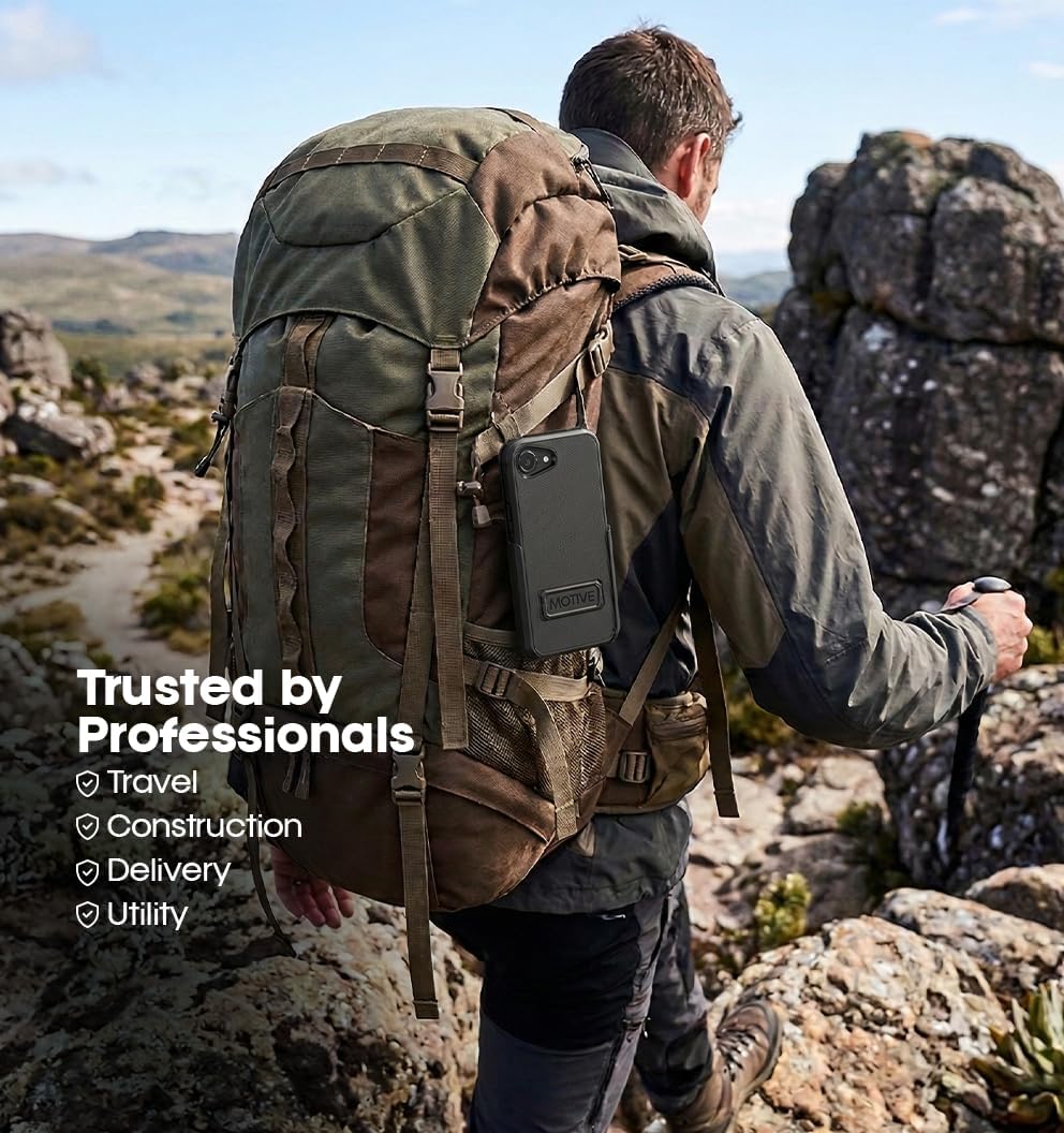 Outdoor hiker carrying Motivecase Ranger V2 iPhone 17e case clipped securely to a backpack strap for hands-free adventure travel. **(19 words)**