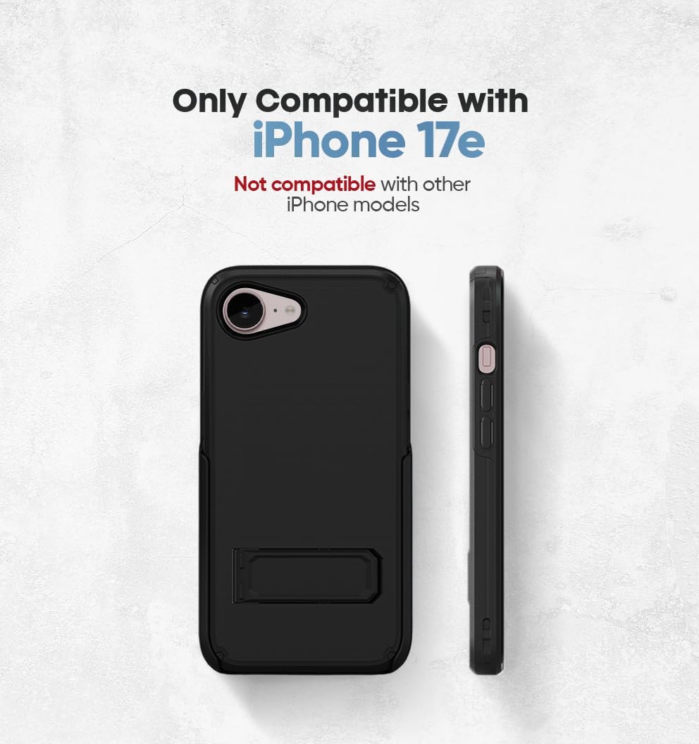 Motivecase Ranger V2 iPhone 17e phone case with deployed built-in kickstand standing in horizontal desk mode for hands-free media viewing. **(20 words)**