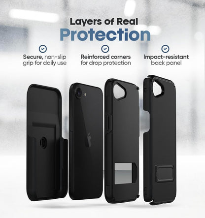 Motivecase Ranger V2 series case for iPhone 17e demonstrating 10ft military-grade drop test shock absorption with 2.5mm raised camera rims. **(20 words)**