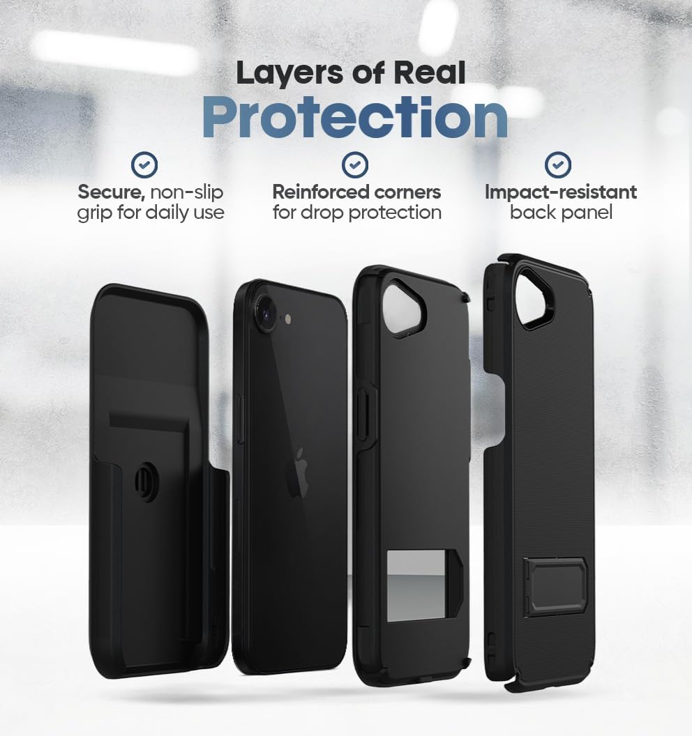 Motivecase Ranger V2 series case for iPhone 17e demonstrating 10ft military-grade drop test shock absorption with 2.5mm raised camera rims. **(20 words)**
