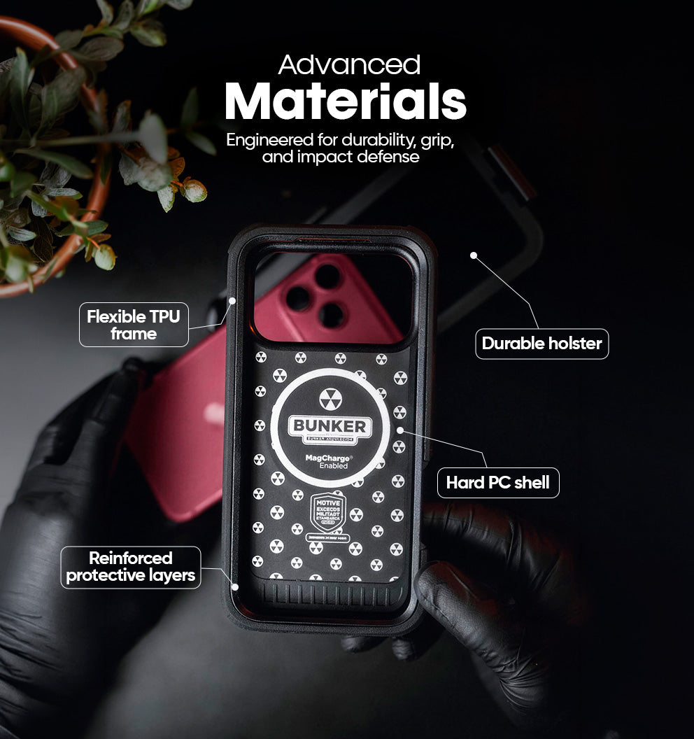 Exploded view diagram showcasing multi-layer shockproof defense and heavy-duty armor structure of Motivecase Bunker Series case for iPhone 18 Pro Max.