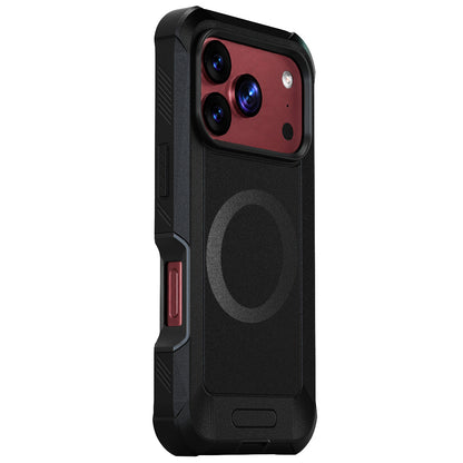 Rear angle view of Motivecase Bunker Series rugged phone case for iPhone 18 Pro Max highlighting reinforced camera lens bezel defense.