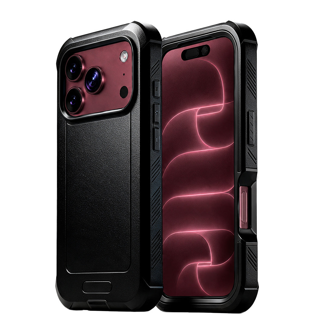 Front screen display and rear camera view of Motivecase Bunker Series military-grade heavy-duty phone case for iPhone 18 Pro Max.