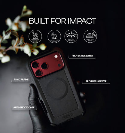 Front view of Motivecase Bunker Series military-grade heavy-duty phone case for iPhone 18 Pro Max featuring raised screen edges.
