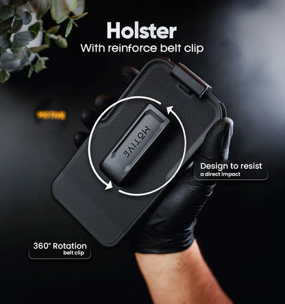 Tactical Motivecase Bunker Series phone holster for iPhone 18 Pro Max with 360-degree rotating swivel belt clip for convenient hands-free carry.