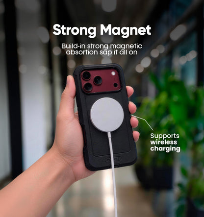 Magnetic Motivecase Bunker Series phone case for iPhone 18 Pro Max aligned with wireless MagSafe charger for fast reliable battery charging.