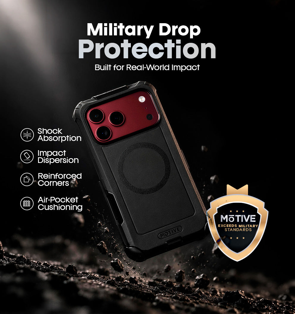 Motivecase Bunker Series heavy-duty military-grade drop proof case for iPhone 18 Pro Max demonstrating 10-foot impact absorption with corner bumpers.