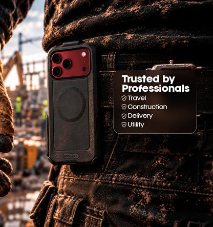 Outdoor hiker lifestyle photo displaying Motivecase Bunker Series rugged protective phone case for iPhone 18 Pro Max clipped securely to backpack strap.