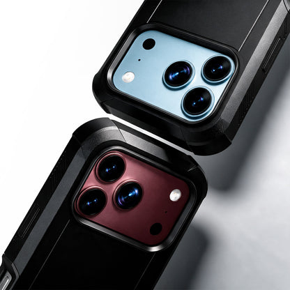 Close-up perspective of Motivecase Bunker Series phone case highlighting raised camera lens bezels and impact-resistant corner bumpers for iPhone 18 Pro Max.