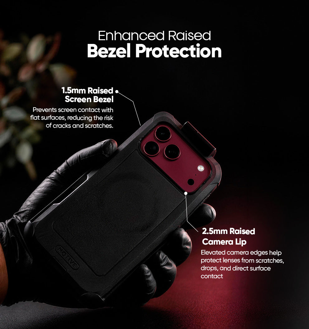 Detailed view of raised screen and camera lens protective bezels on Motivecase Bunker Series heavy-duty phone cover for iPhone 18 Pro Max.