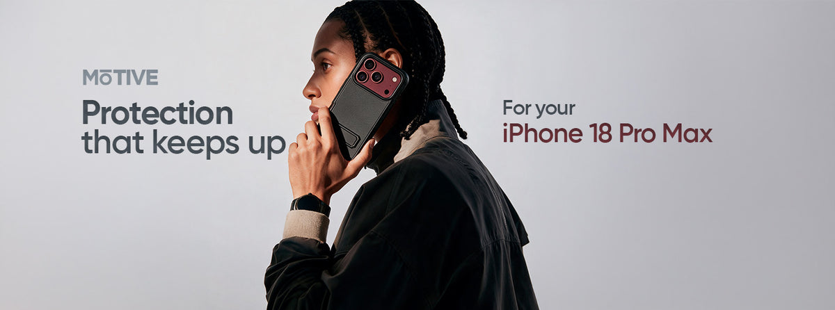 Motivecase desktop store banner featuring a person using a deep red iPhone 18 Pro Max in a heavy-duty kickstand case.