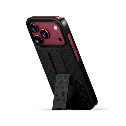 Motivecase Ranger V1 protective phone case for iPhone 18 Pro Max standing upright using its integrated vertical retractable kickstand for hands-free viewing.
