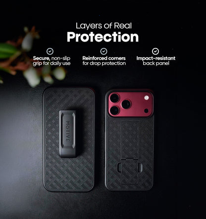Exploded multi-layer defense diagram demonstrating dual-layer impact resistance and corner drop protection of Motivecase Ranger V1 case for iPhone 18 Pro Max.